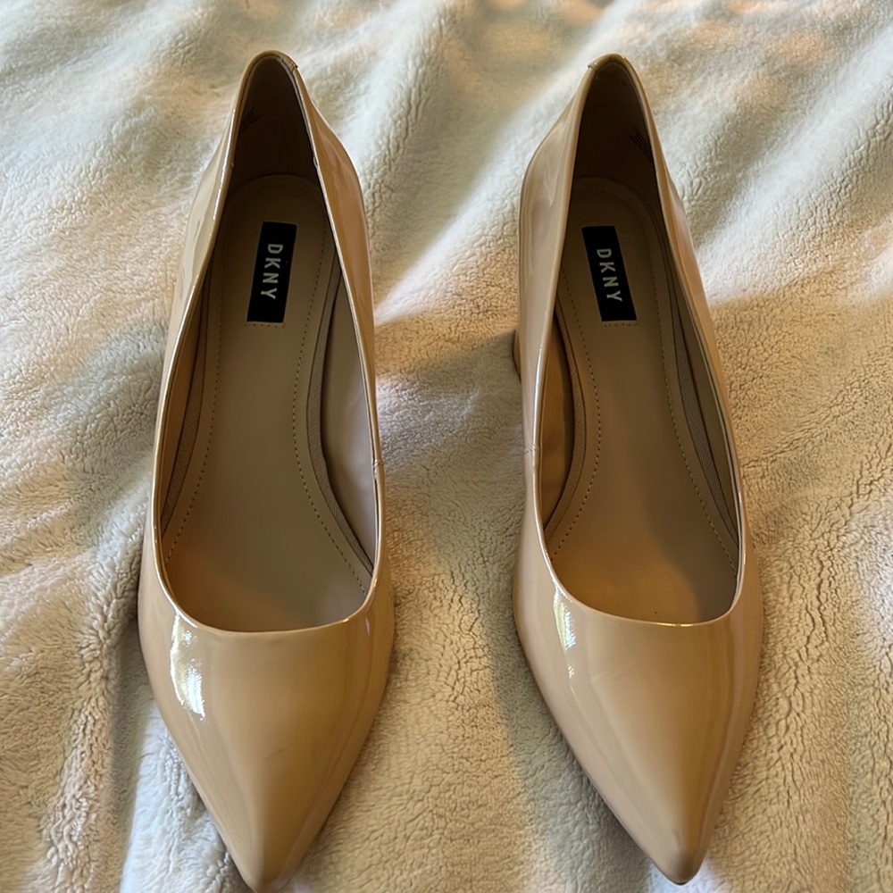 DKNYC Beige Patent Pointed Toe Pumps